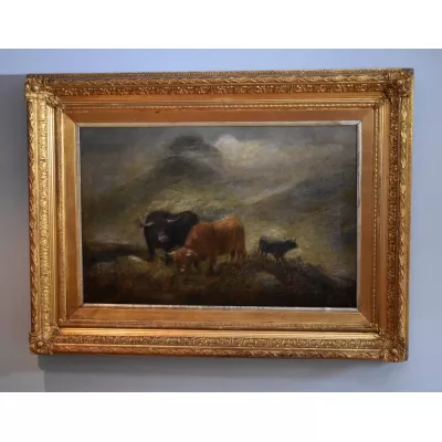 Antikes Ölgemälde auf Leinwand, zeigt die Highland-Rinder, von John W. Morris, 1900