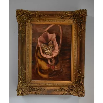 Viktorianisches antikes Ölgemälde, Malerei einer Katze, 1900