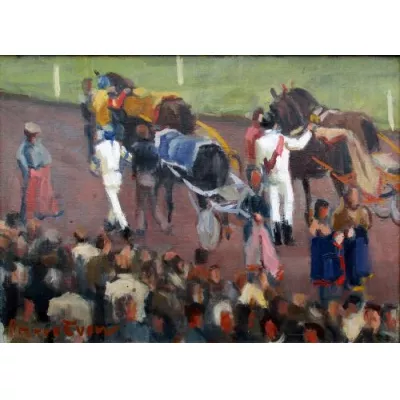 Antikes Ölgemälde, Original 1950, Vorbereitung zum Pferderennen, Französische Normandie, Deauville Harness Rennen