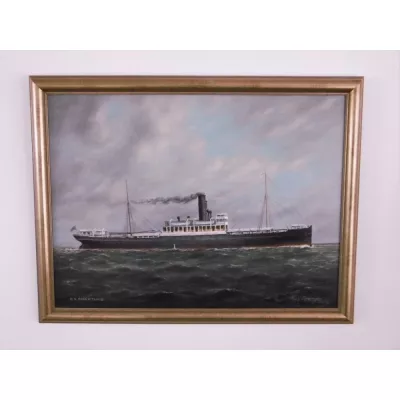 Ölgemälde eines Schiffes, Original um 1950