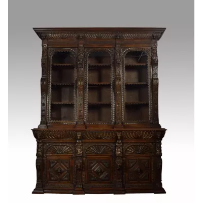 Große Renaissance Revival dreitüriges Bücherregal aus geschnitzter Eiche von ca. 1880