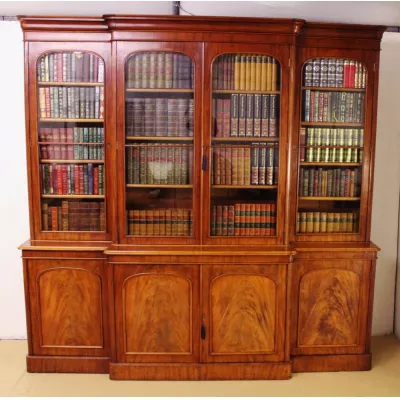 Original viktorianisches Breakfront Mahagoni Bücherregal massiv antik 1850