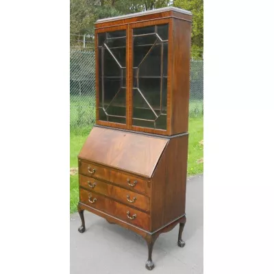 Englischer Antiker Sekretär mit Bücherregalaufsatz bureau bookcase im Queen Anne Stil aus massivem Mahagoni von ca. 1920
