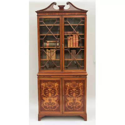 Edwardianisches antikes Intarsien Mahagoni Massivholz Sheraton Revival Bücherregal englisch von ca. 1900