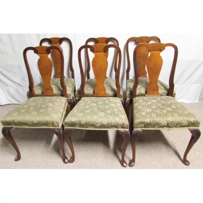 Set von 6 Antiken Englischen Grat Nussbaum Esszimmer Stühlen von ca. 1920