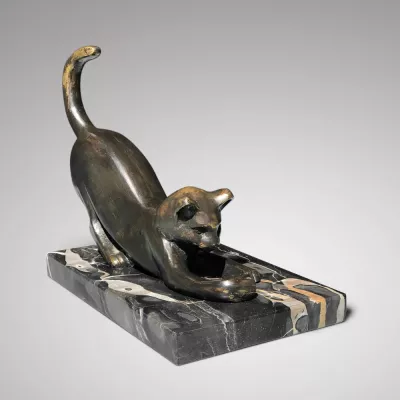 Antike englische Art Deco Bronze Skulptur Katze 1930
