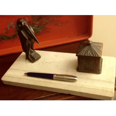 Antikes Art Deco  Pelikan Stifthalter Tintenfass Bronze Marmor 1930