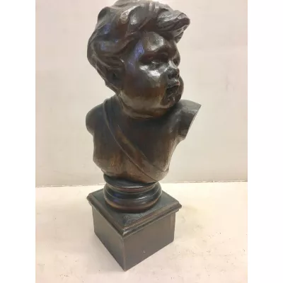 Antike Holzfigur Skulptur Cherub Holz Büste Engel 1850