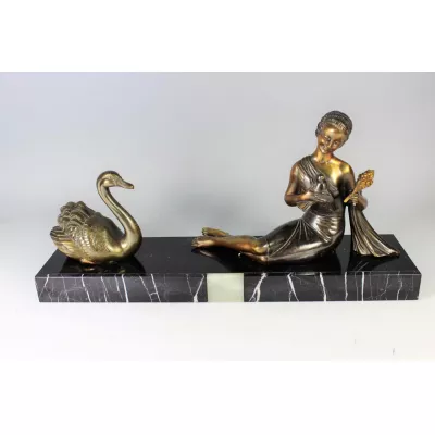Original Antike Französische Balleste Bronze Dame und Schwan ca. 1930