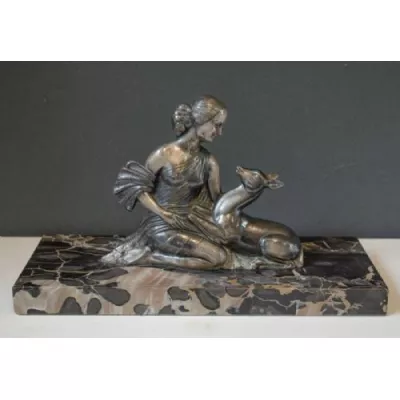 Feine Französisches Balleste Bronze Mädchen mit Rehkitz antik ca. 1930