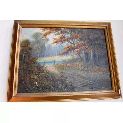 Ausgezeichnetes Antikes Ölgemälde Bild mit Rahmen "Angler mit Herbstbäumen" 19. Jh