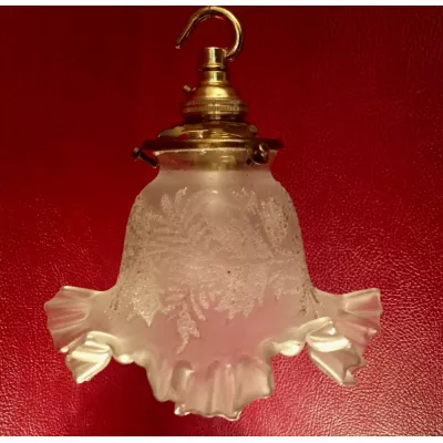 Original antike französische Deckenlampe Glas Blattwerk 1920