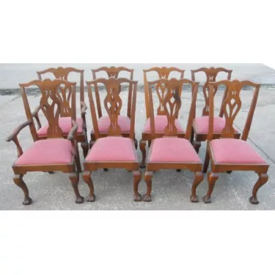 8 Original Antike Englische Eichen Esszimmerstühle Chippendale Stil ca. 1910