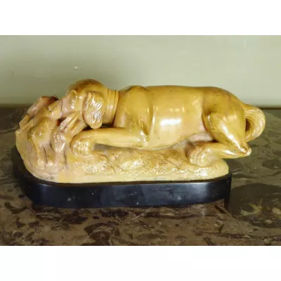 Original Antike Englische George III. Alabster Figur Hund & Hase ca. 1800 