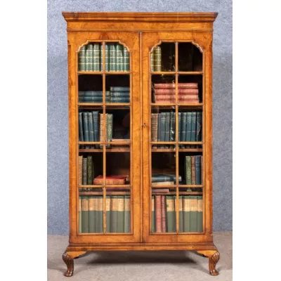 Edler Englischer Antiker verglaster Nussbaum Queen Anne Stil Bücherschrank ca. 1910