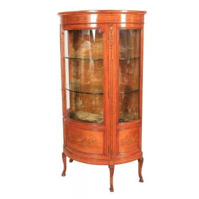 Original Antike Englische Demi Lune Shoolbred Satinholz Vitrine ca. 1900