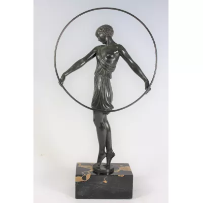 Original antike französische Bronze Figur "Tänzerin mit Reifen" Le Faguays ca 1930