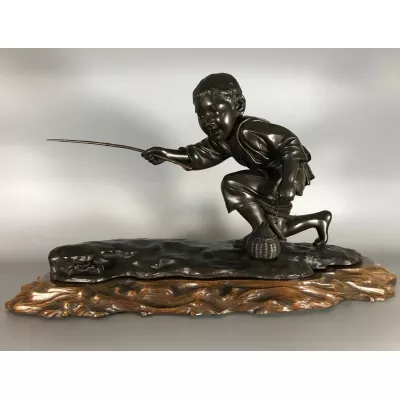 Japanische Antike Meiji Bronze Krabbenfischer ca. 1890