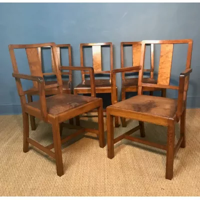 5 Stk original antike englische Nussbaum Stühle Leder Küchenstühle Heals ca 1930