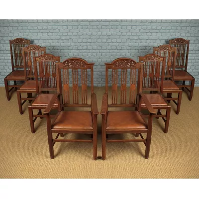 8 Stk original englische Arts & Crafts Esszimmerstühle Eiche antik ca 1910