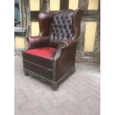 Antiker Echtleder Sessel Chesterfield Ohrensessel Vintage 19. Jh
