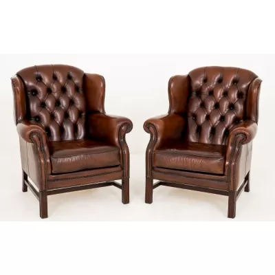 Georgianische antike Chesterfield Sessel Echtleder Ohrensessel ca 1920