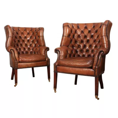 Georgianische Ohrensessel Echtleder Chesterfield Sessel Leder ca 1920
