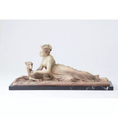 Antike Englische Terrakotta Figur Frau mit Hirsch ca. 19. JH.