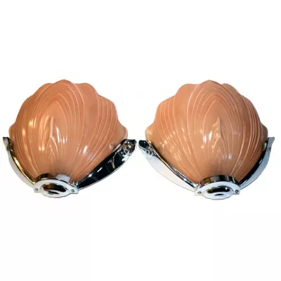 Antikes Englisches Art Deco Paar Chrom Glas Wandleuchten ca. 1930