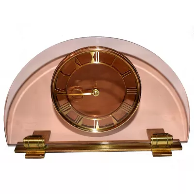 Englische Antike Art Deco pfirichfarbende Glas Uhr ca. 1930