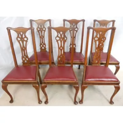 6 Englische Antike Eichen Esszimmerstühle im Queen Anne Stil ca. 1900