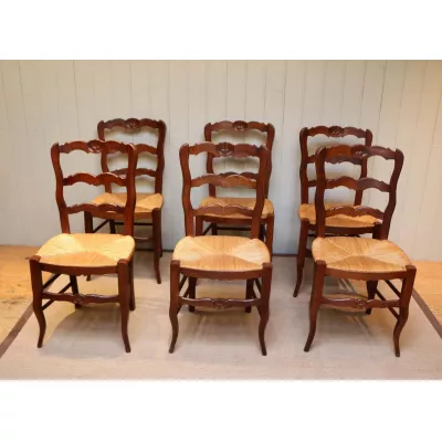 6 Französische Antike Buchenholz Esszimmer Stühle ca. 1920