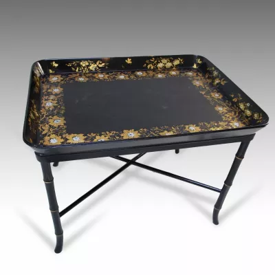 Antikes viktorianisches Pappmaché Tablett aus Bambusständer ca. 1850
