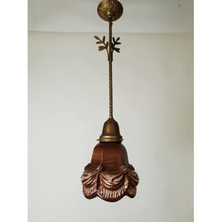 Antike niederländische Deckenlampe Keramik Deckenleuchte vergoldet ca 1910