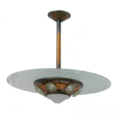 Antike französische Art Deco Kupfer Deckenlampe Ezan Glas Ufo ca 1930