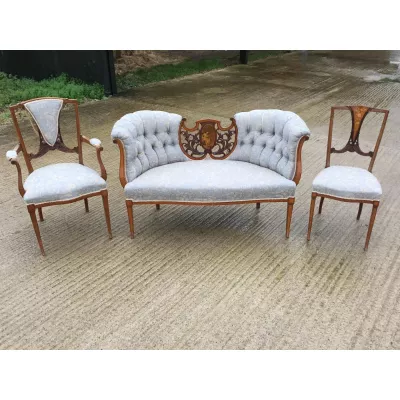 Edwardianisches Englisches Antikes Satinholz Intarsien Sofa mit Stühlen ca. 1900