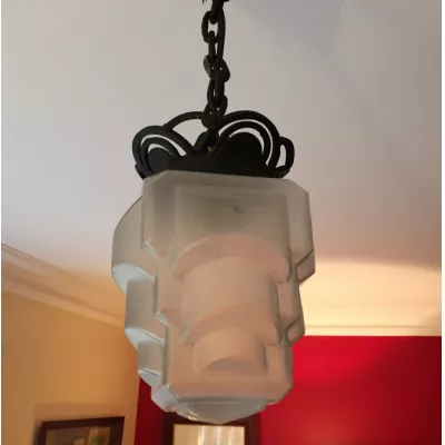 Antike britische Art Deco Deckenlampe Gusseisen Kristallglas ca 1930