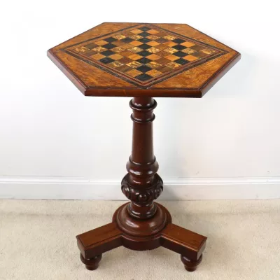 Viktorianischer Englischer Antiker Eichen Intarsien Spieltisch ca. 1860