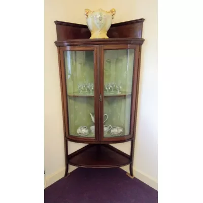 Antiker edwardianischer Vitrinenschrank für die Ecke im Sheraton Style aus Mahagoni, ca. 1900