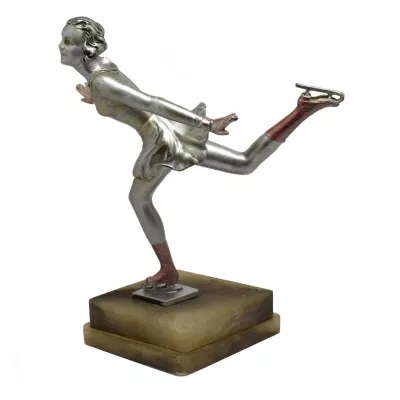 Art Deco spelter Eisläuferin Figur versilberte Emaille, Antik und Josef Lorenzl zugeschrieben, ca 1930er jahre