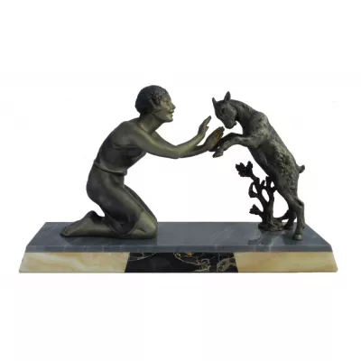 Art Deco Statue Figur Französisch Mädchen mit Ziege Antik mit Marmor/Onyxsockel, ca. 1930