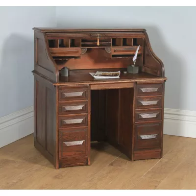Antiker englischer Rollschreibtisch, Rollpult aus Eiche / roll top pedestal office desk, circa 1920 George V