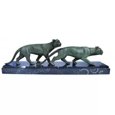 Art Deco Panther Figuren auf einer soliden Marmor Basis ca 1930 
