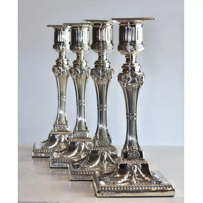 Antikes englisches seltenes 4er Set Kerzenleuchter / Candlesticks aus Sterling Silber, Hawksworth & Eyre, ca 1900