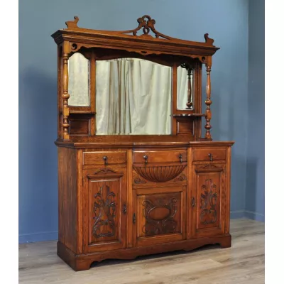 großes antike viktorianische geschnitztes Eichen Sideboard mit Spiegel 