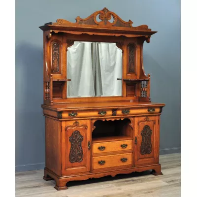 großes antikes viktorianisches stark geschnitztes Spiegel-Sideboard aus Eichenholz
