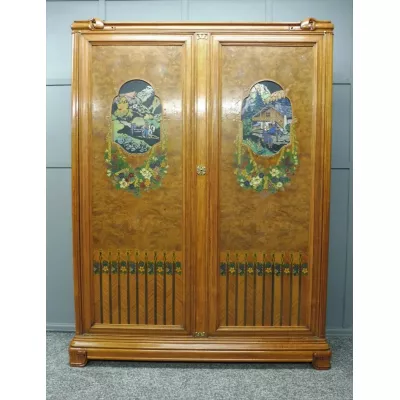 Art Deco österreichischer Kleiderschrank handbemalt Wurzelnuss Satinholz ca. 1920