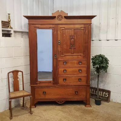 Kunsthandwerk Eiche Kombinationsschrank Kleiderschrank Massivholzschrank Antik ca. 1890