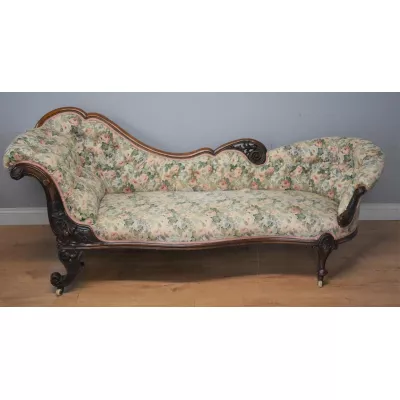 Walnuss Chaise Longue antik florales Muster Stoffbezug ca. 1870