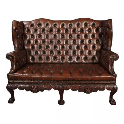 Braunes Mahagoni Chesterfield Wing Sofa Leder antik ca 1910